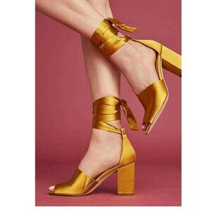 Sam Edelman | Odele Sandal Ballet Wrap Ankle Tie | Block Heel | Gold Satin | Sz8